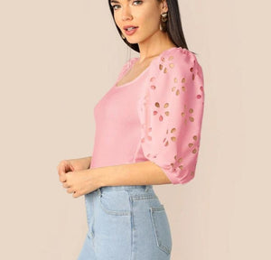 Anna Elegant Laser Cut Sleeve Fitted Top