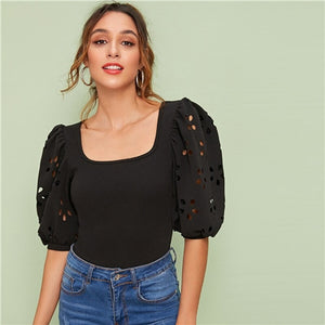 Anna Elegant Laser Cut Sleeve Fitted Top