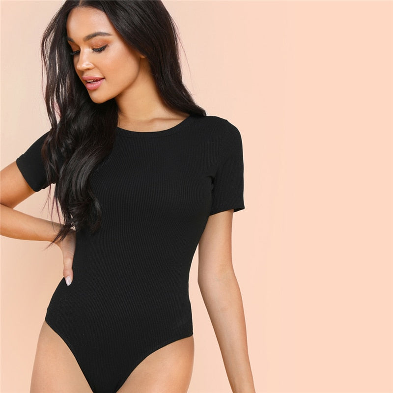 Casual Ribbed Black Skinny Summer Bodysuit Women Solid Bodycon Basic T –  wanahavit