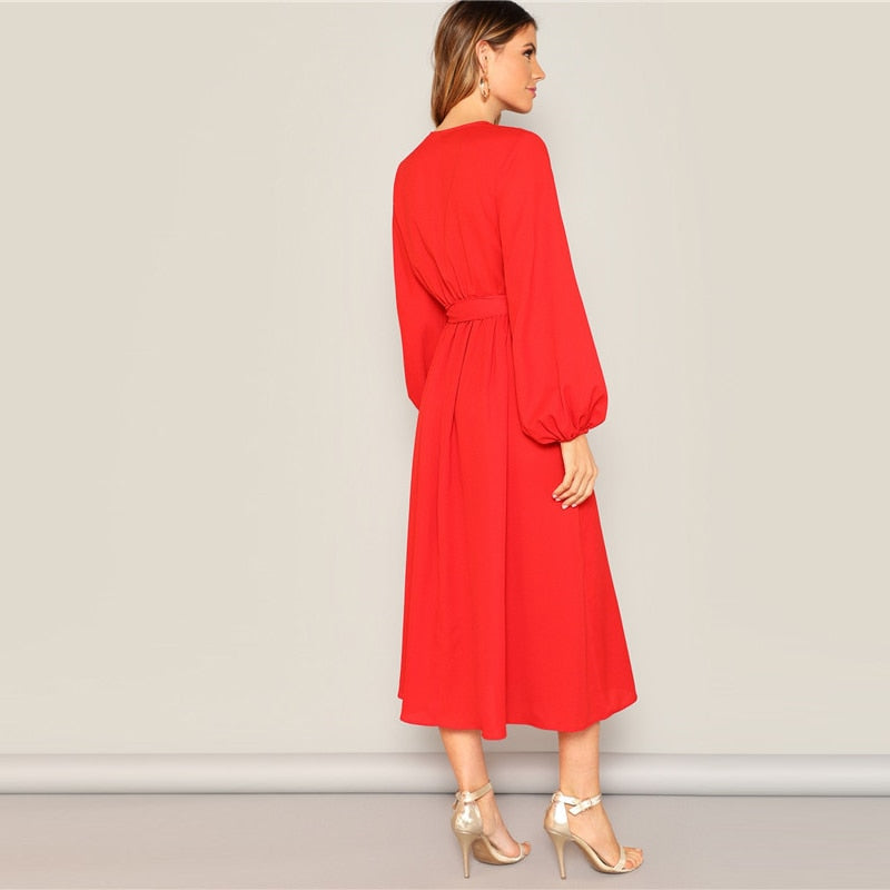 Louisa Elegant Solid Red V Neck Midi Dress
