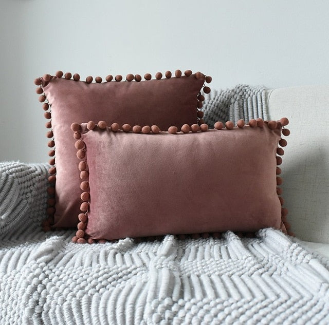 Luca Luxurious Soft Velvet Pillow Cover with Pom Poms