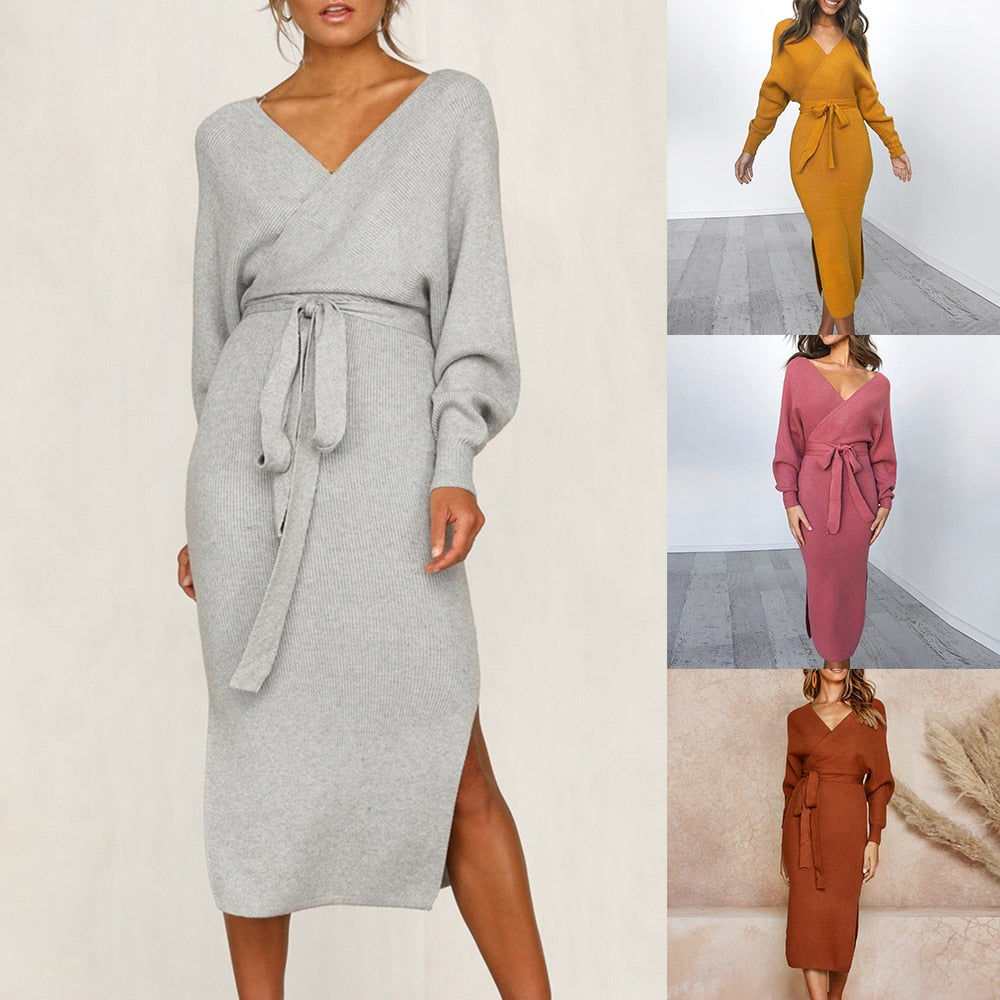 Victoria Knitted V-Neck Sweater Dress